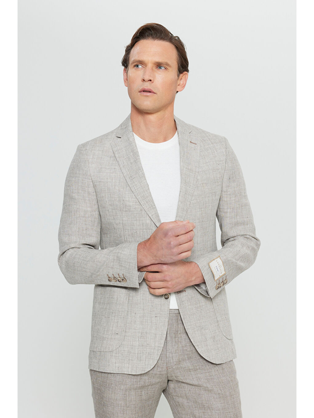 Erkek Bej %100 Keten Slim Fit Dar Kesim Mono Yaka Kazayağı Desenli Takım Elbise-4