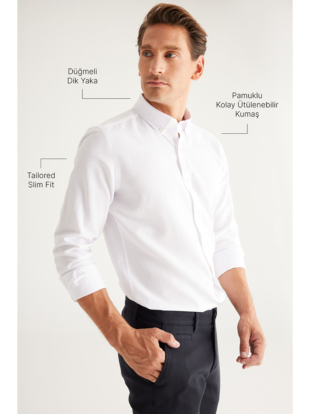 Erkek Beyaz 2'li Pamuklu Kolay Ütülenebilir Slim Fit Dar Kesim Oxford Gömlek Paketi-6