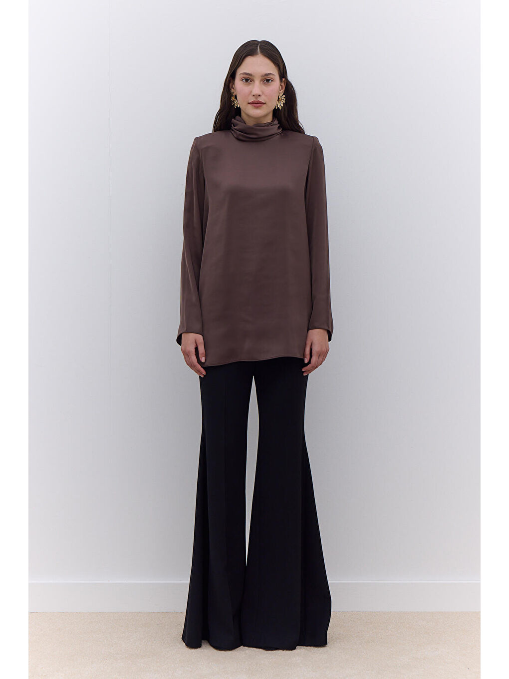 Saten Geniş Kol Tunik Kahverengi-2