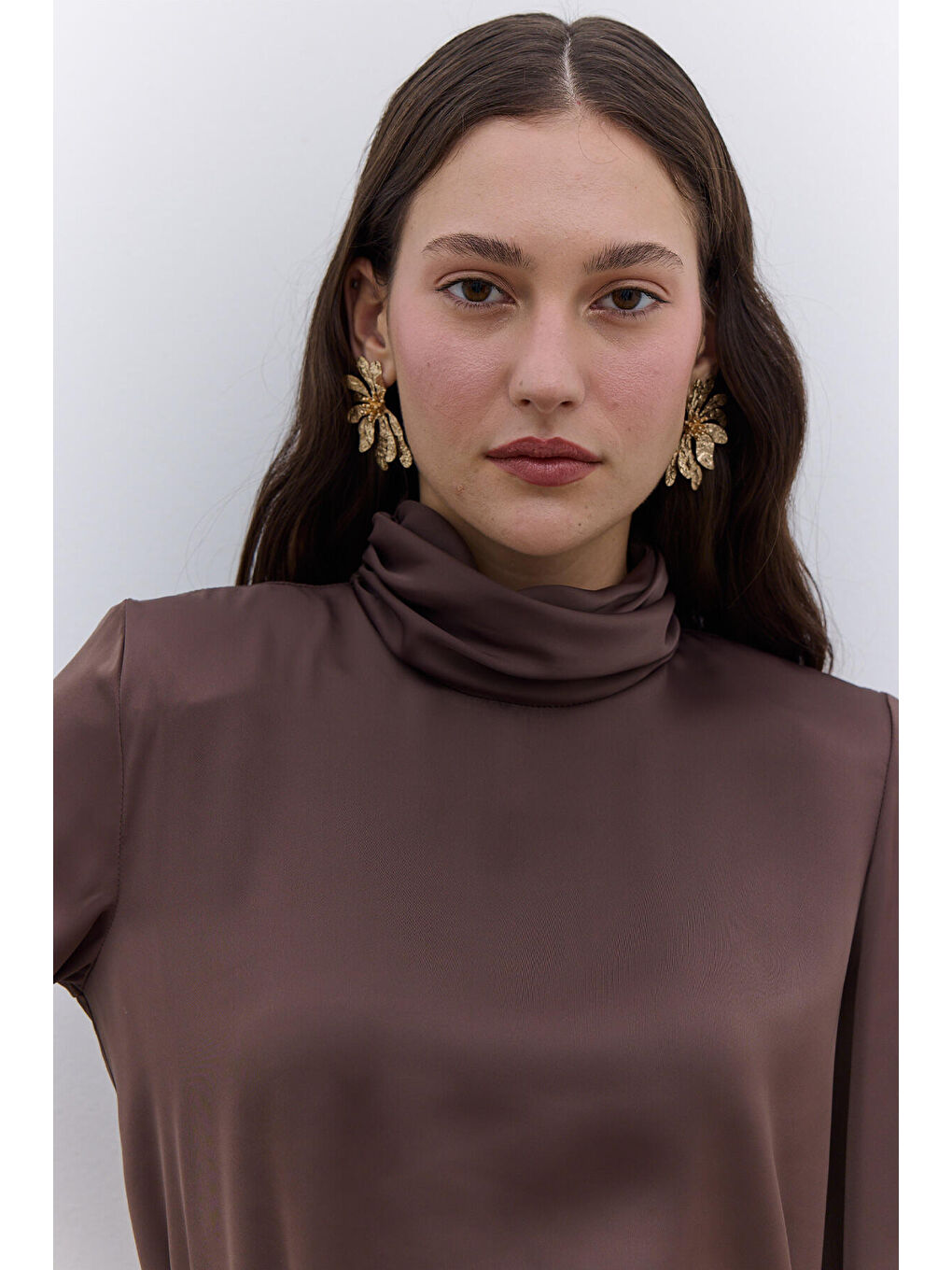 Saten Geniş Kol Tunik Kahverengi-4