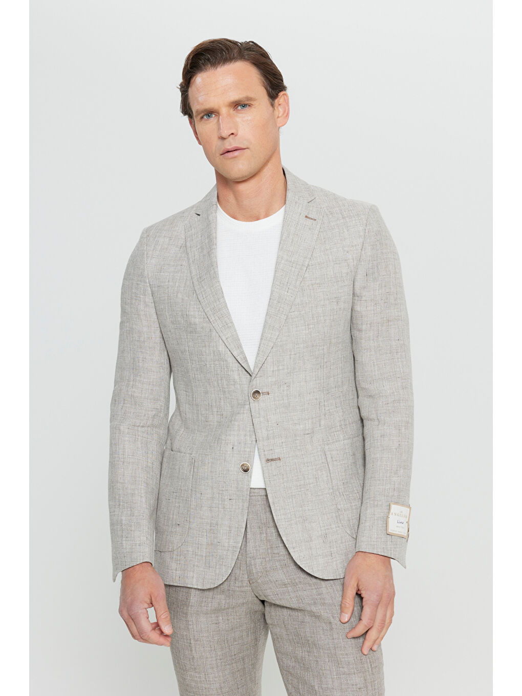 Erkek Bej %100 Keten Slim Fit Dar Kesim Mono Yaka Kazayağı Desenli Takım Elbise-5