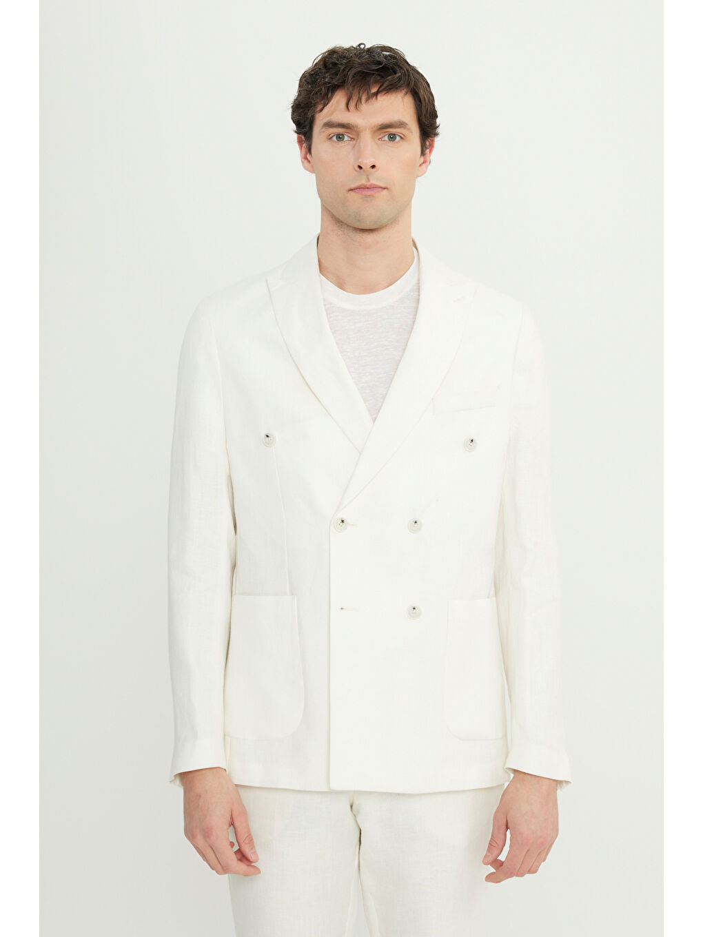 Erkek Ekru %100 Keten Slim Fit Dar Kesim Kırlangıç Yaka Torba Cepli Kruvaze Takım Elbise-2