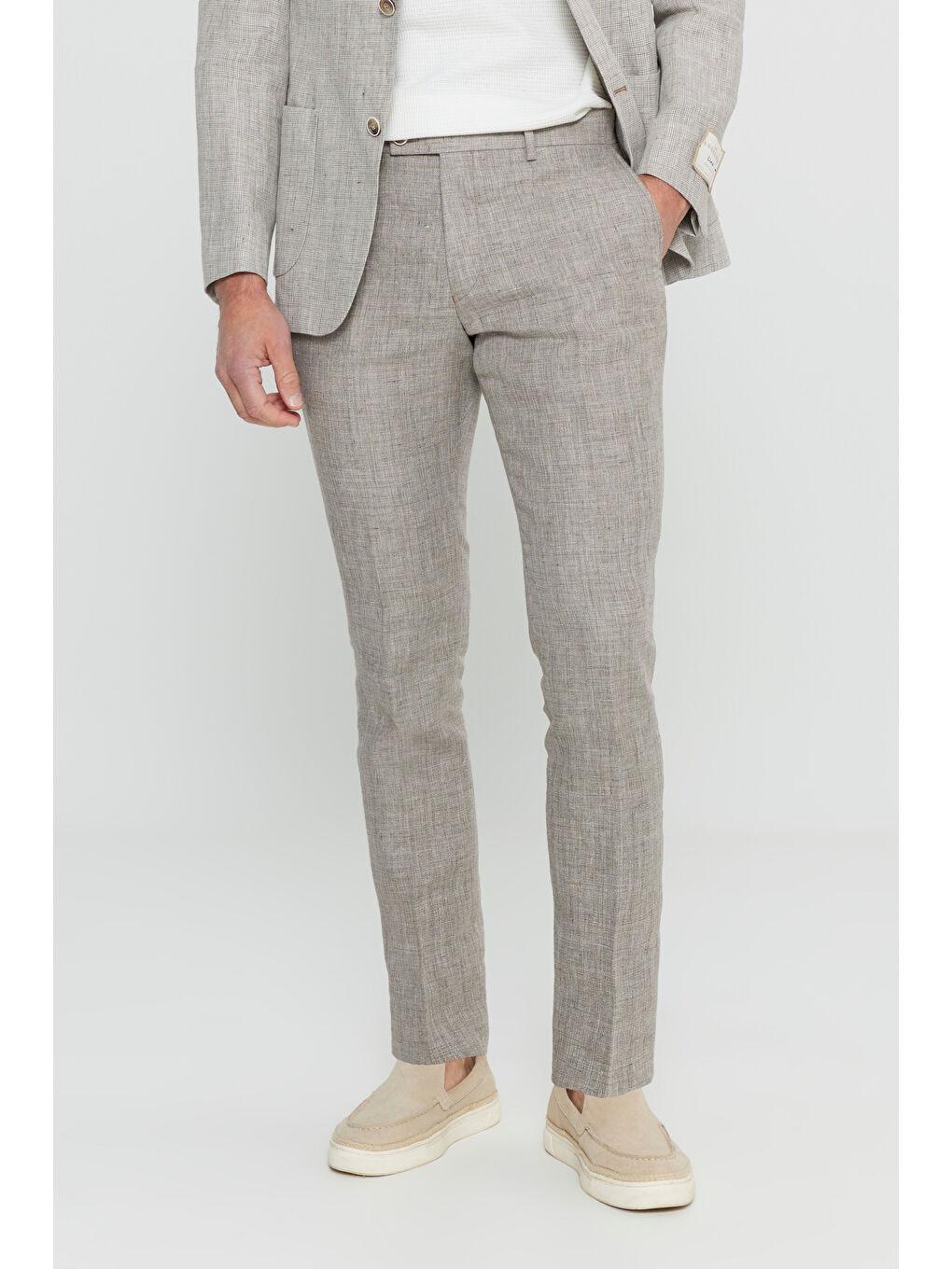 Erkek Bej %100 Keten Slim Fit Dar Kesim Mono Yaka Kazayağı Desenli Takım Elbise-6