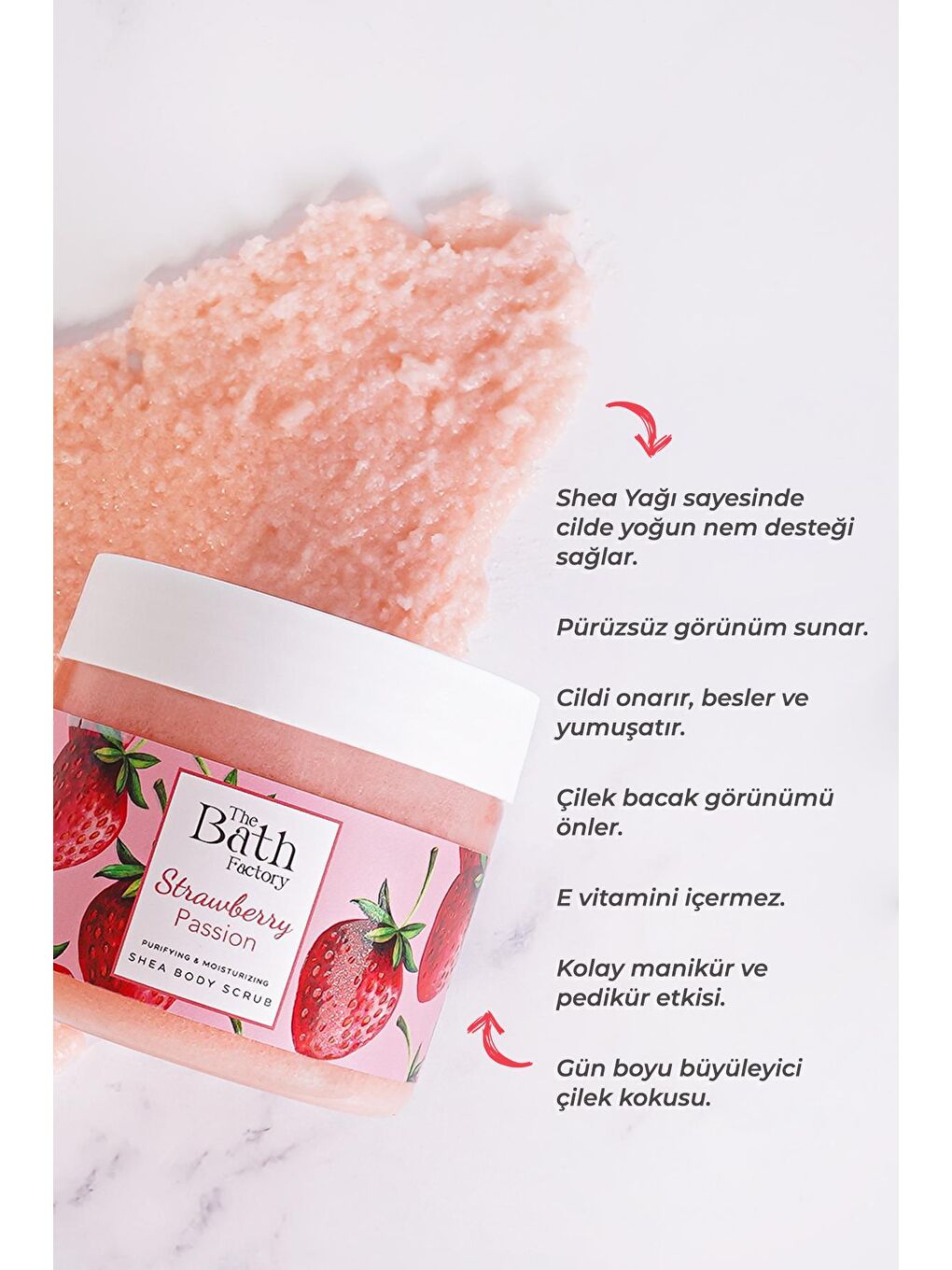 THE BATH FACTORY Şeffaf Nemlendirici ve Arındırıcı Shea Vücut Peelingi - Çilek Aromalı 300 g - 2