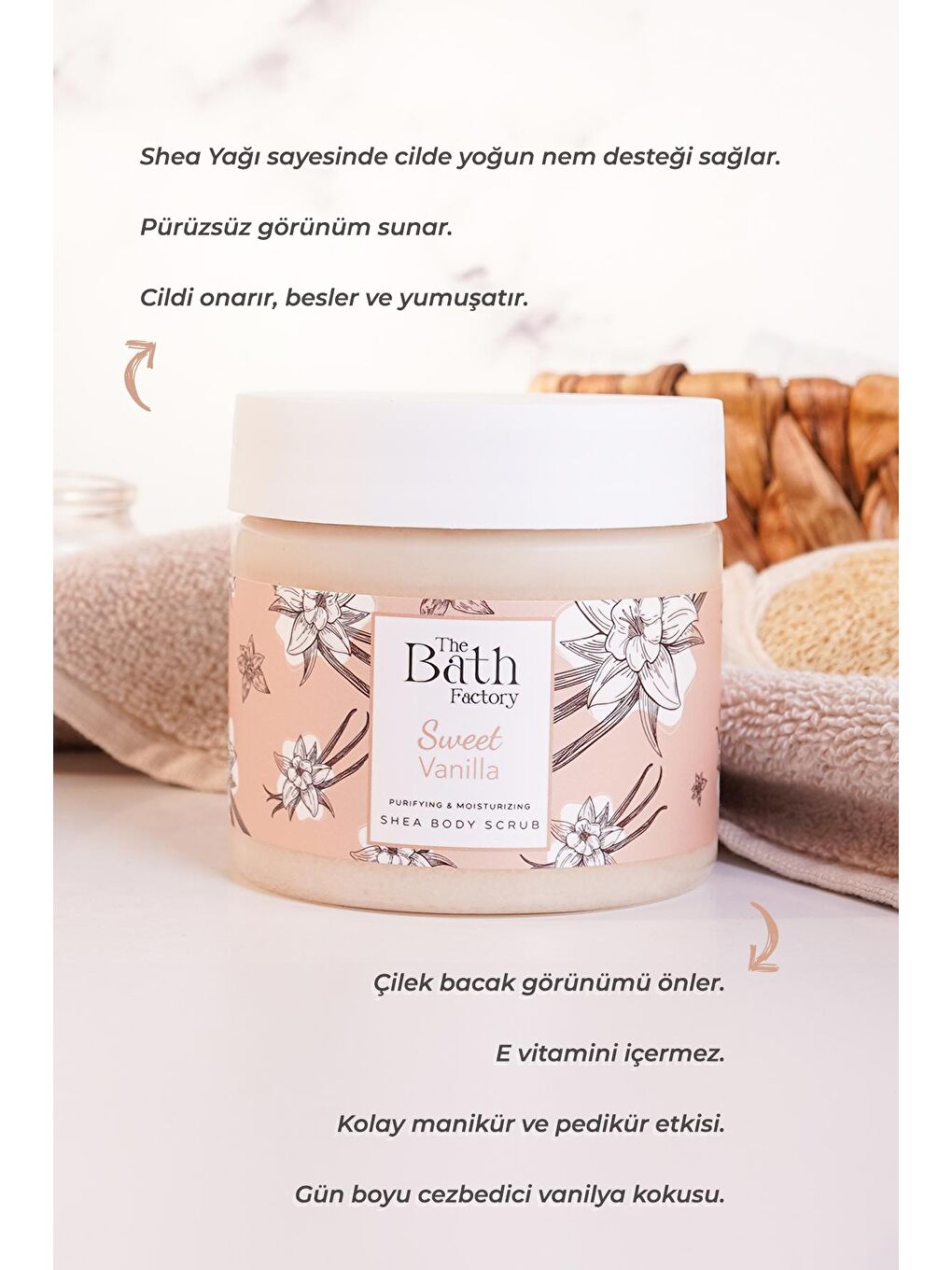 THE BATH FACTORY Şeffaf Nemlendirici ve Arındırıcı Shea Vücut Peelingi - Vanilya Aromalı 300 g - 2