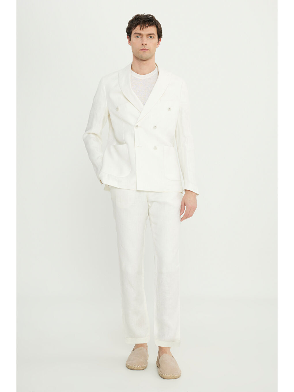 Erkek Ekru %100 Keten Slim Fit Dar Kesim Kırlangıç Yaka Torba Cepli Kruvaze Takım Elbise