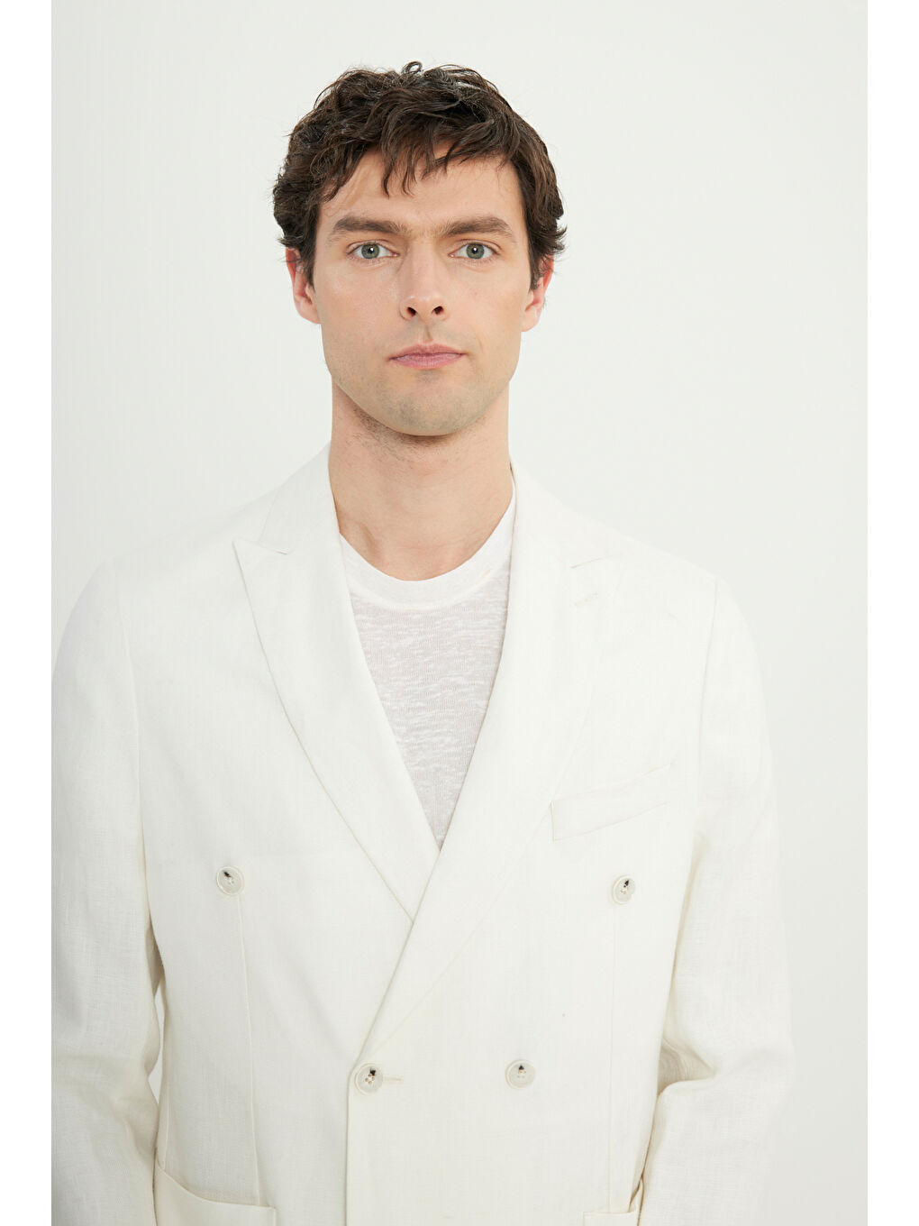 Erkek Ekru %100 Keten Slim Fit Dar Kesim Kırlangıç Yaka Torba Cepli Kruvaze Takım Elbise-4