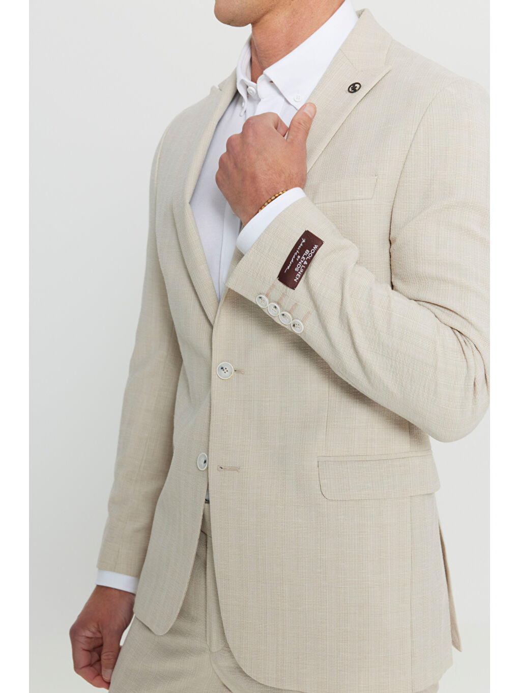 Erkek Bej Yünlü Slim Fit Kırlangıç Yaka Kapak Cepli Takım Elbise-6