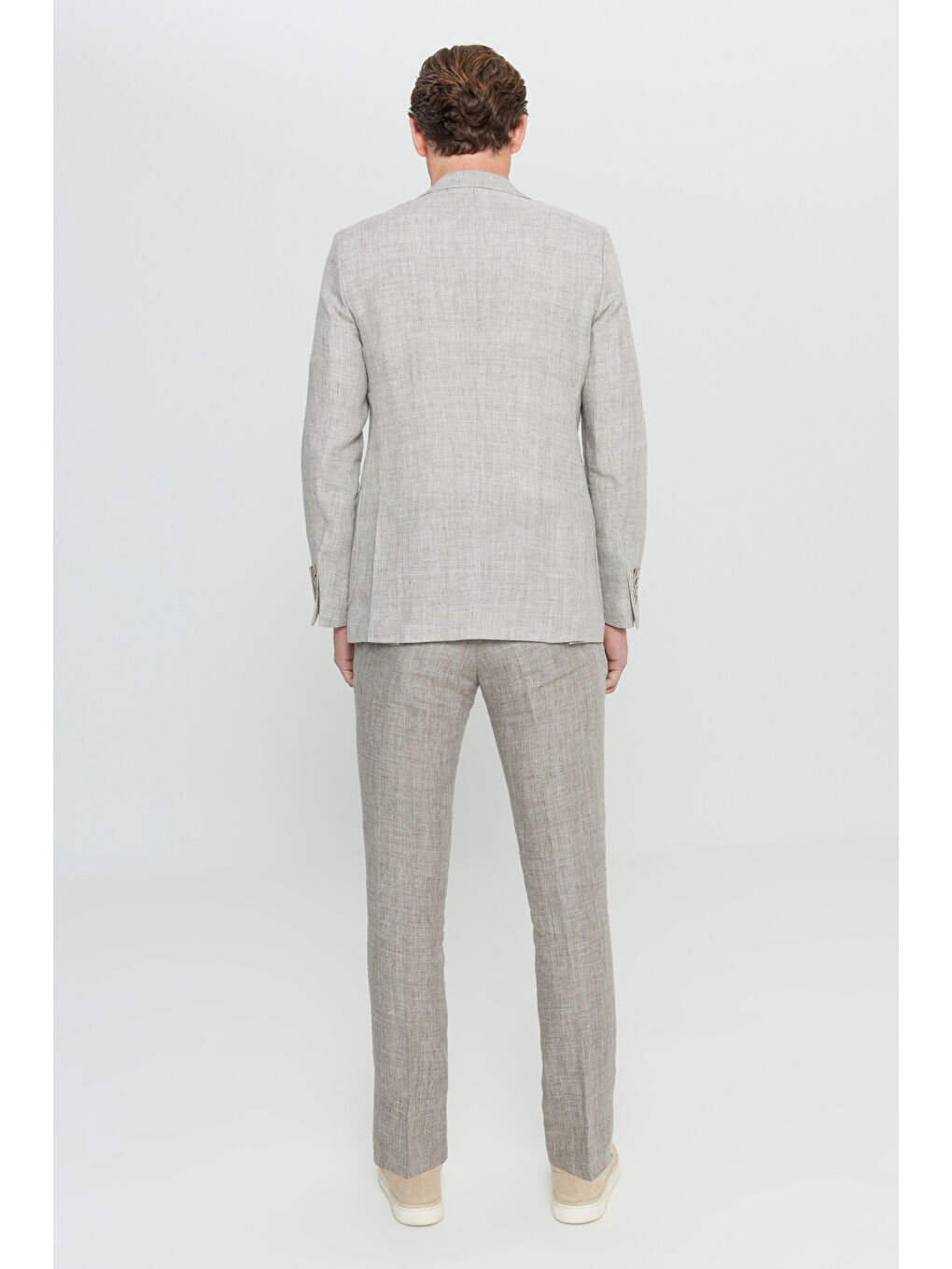 Erkek Bej %100 Keten Slim Fit Dar Kesim Mono Yaka Kazayağı Desenli Takım Elbise-8