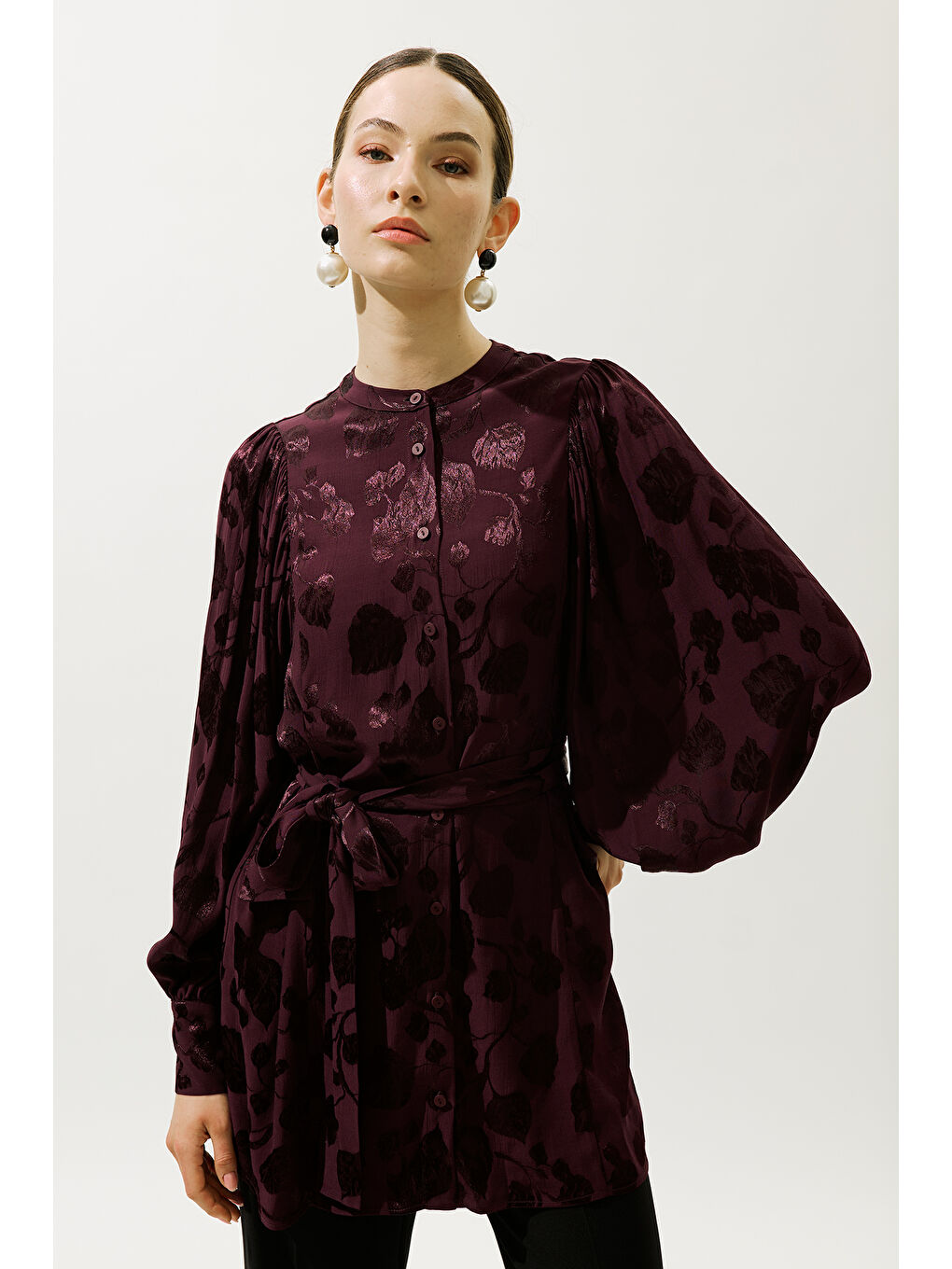 Jakarlı Saten Gömlek Bordo-1