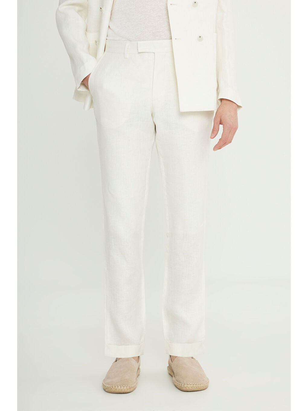 Erkek Ekru %100 Keten Slim Fit Dar Kesim Kırlangıç Yaka Torba Cepli Kruvaze Takım Elbise-5