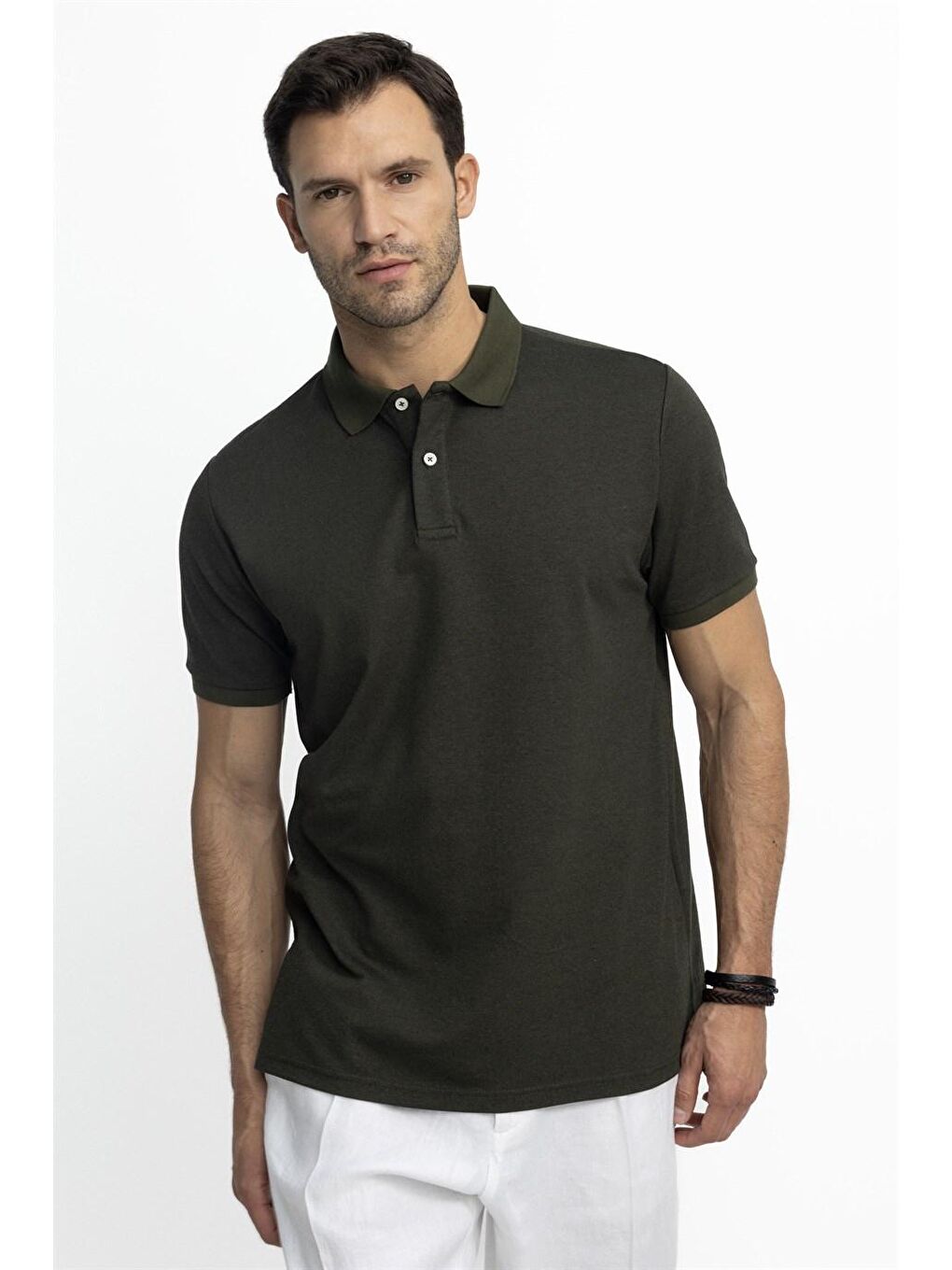 Erkek Polo Yaka Klasik Fit Düz Pamuklu Pike  Haki Tişört