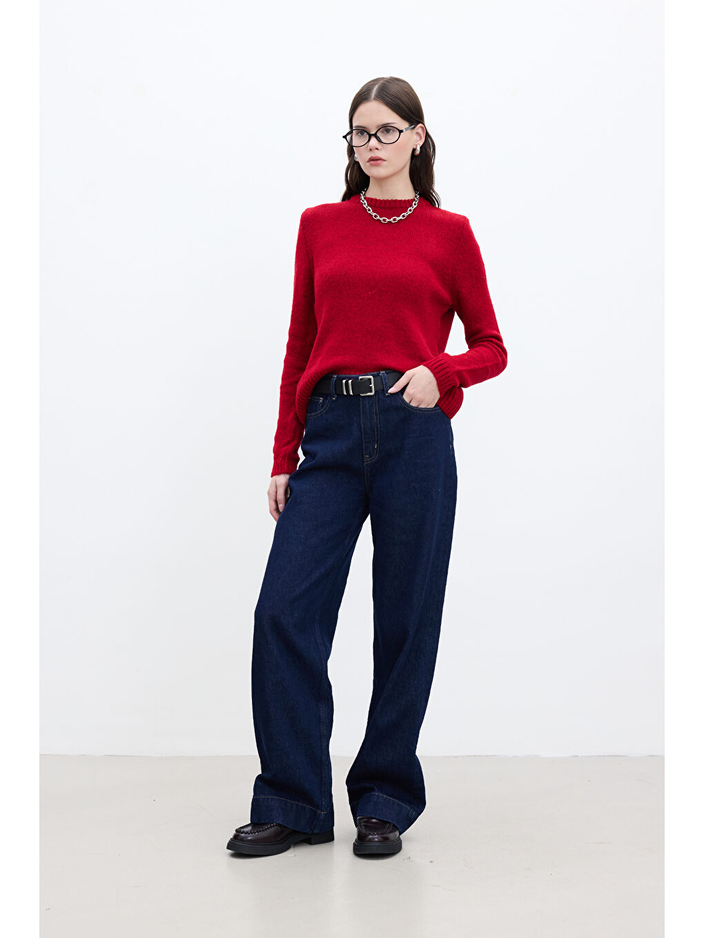 Bisiklet Yaka Fit Triko Kazak Kırmızı-1