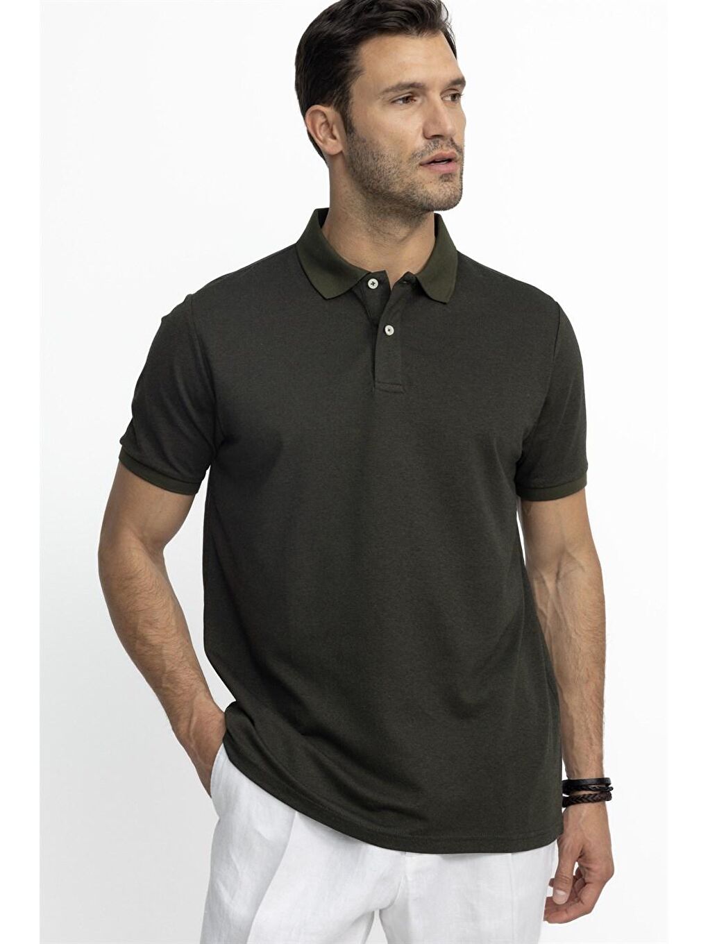 Erkek Polo Yaka Klasik Fit Düz Pamuklu Pike  Haki Tişört-1