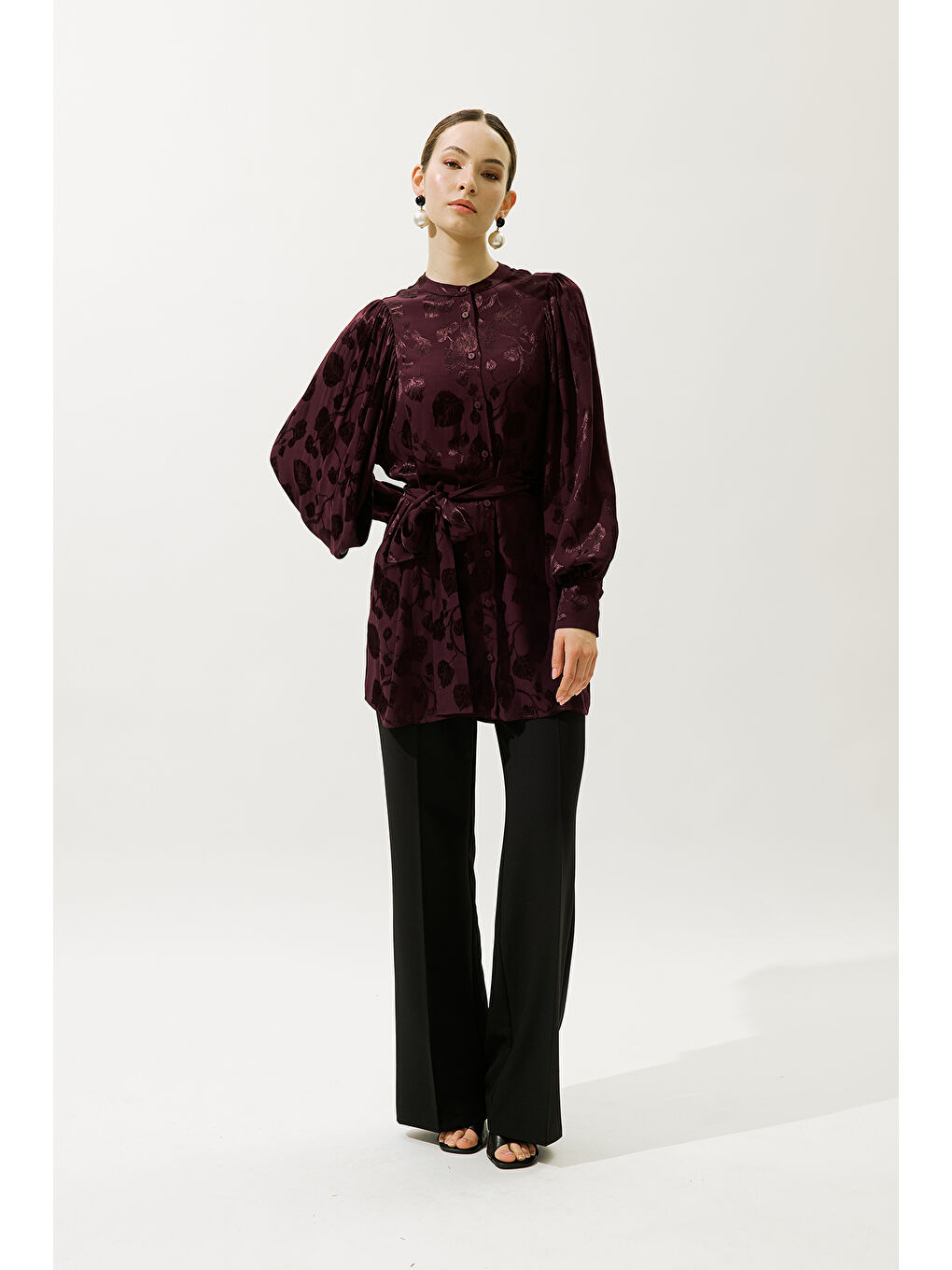 Jakarlı Saten Gömlek Bordo-2