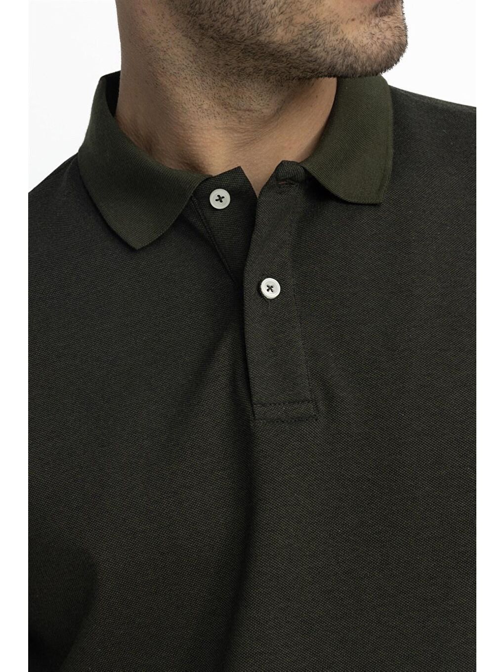 Erkek Polo Yaka Klasik Fit Düz Pamuklu Pike  Haki Tişört-2