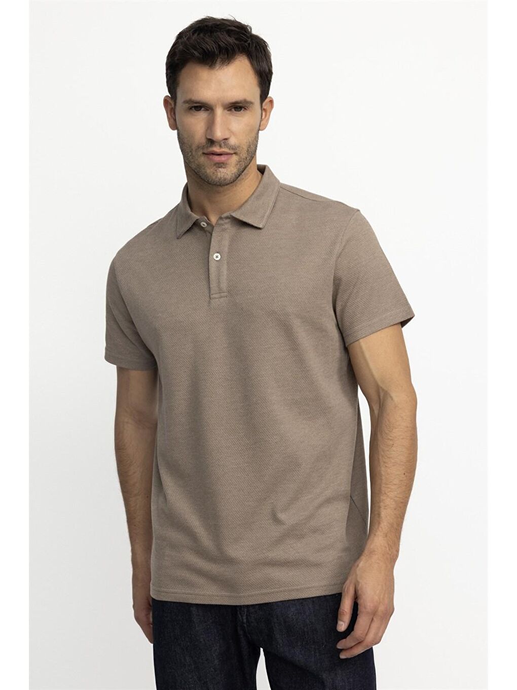 Erkek Klasik Fit Penye Örme Pamuklu Melanj  Bej Tişört-1