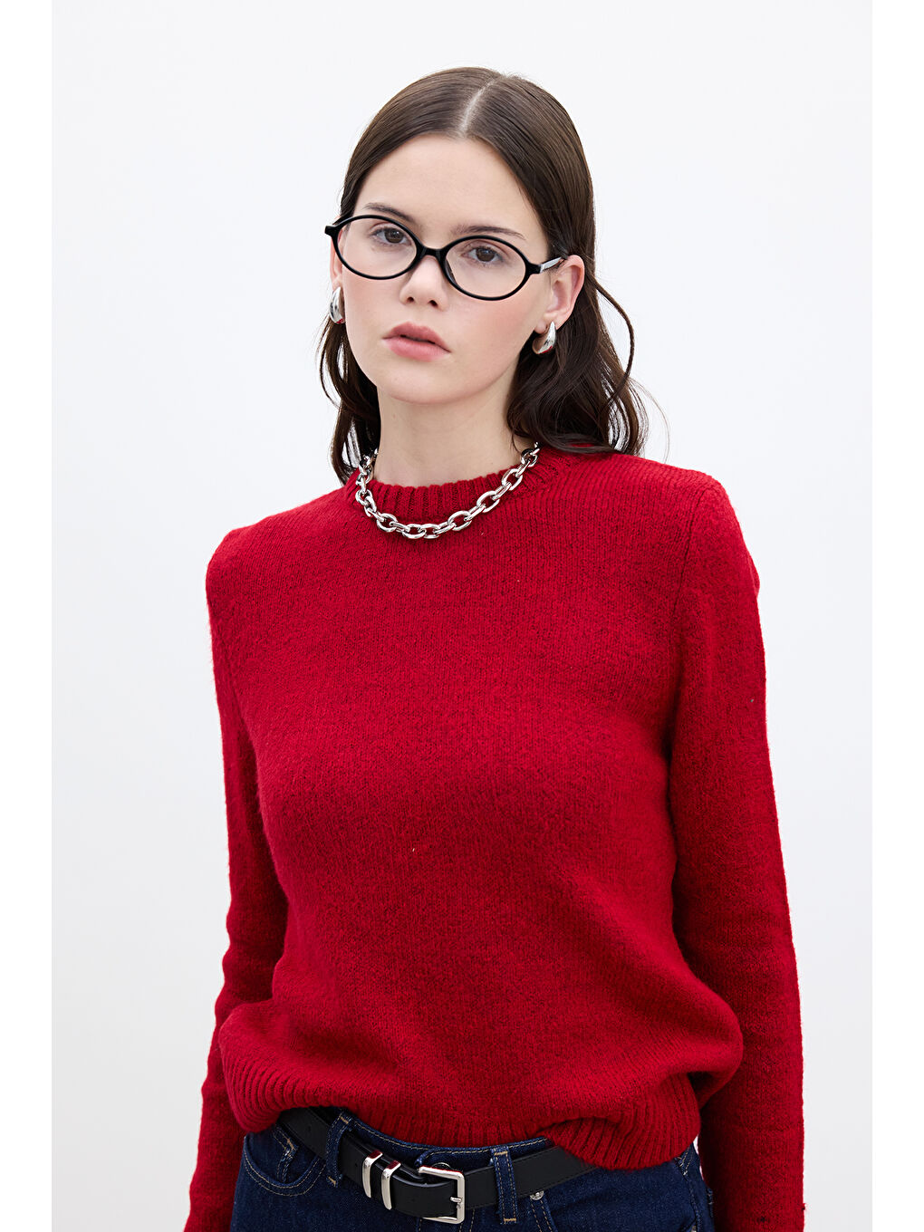 Bisiklet Yaka Fit Triko Kazak Kırmızı-2