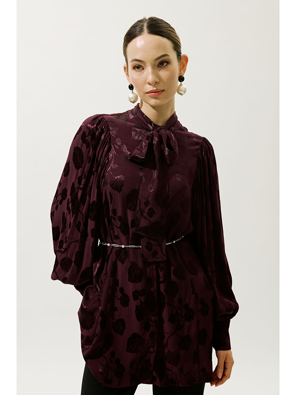 Jakarlı Saten Gömlek Bordo-3