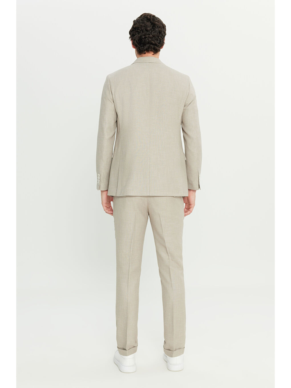 Erkek Bej Slim Fit Dar Kesim Kırlangıç Yaka Kapak Cepli Çizgili Takım Elbise-7