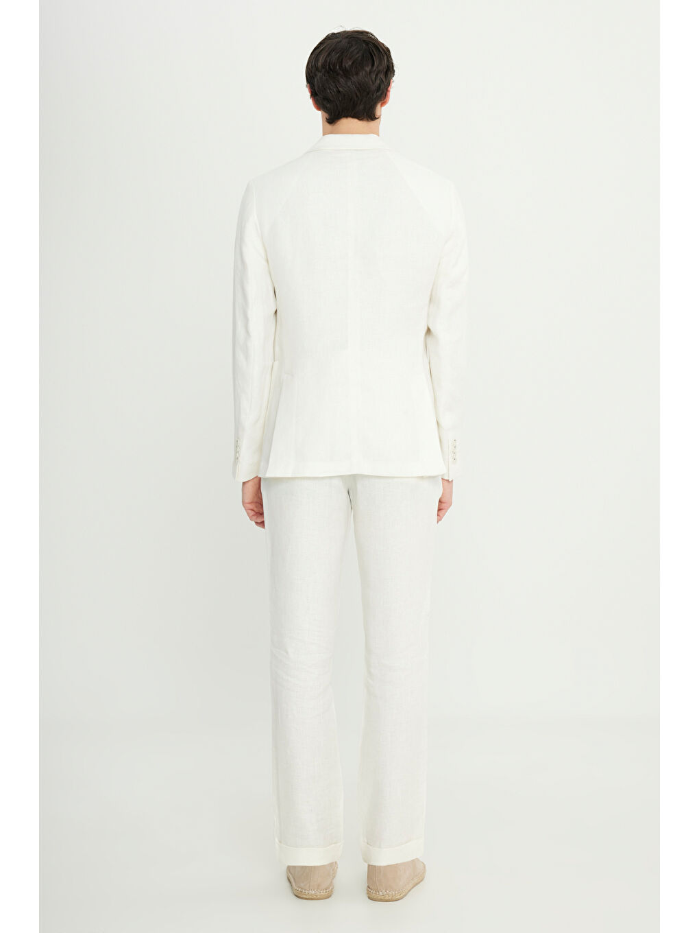 Erkek Ekru %100 Keten Slim Fit Dar Kesim Kırlangıç Yaka Torba Cepli Kruvaze Takım Elbise-8