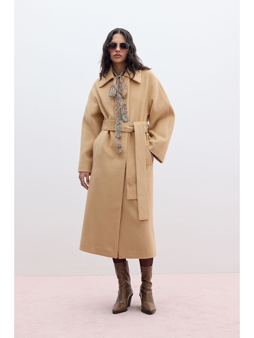 Kahverengi Düz Kapamalı Kaşe Kaban Camel-1