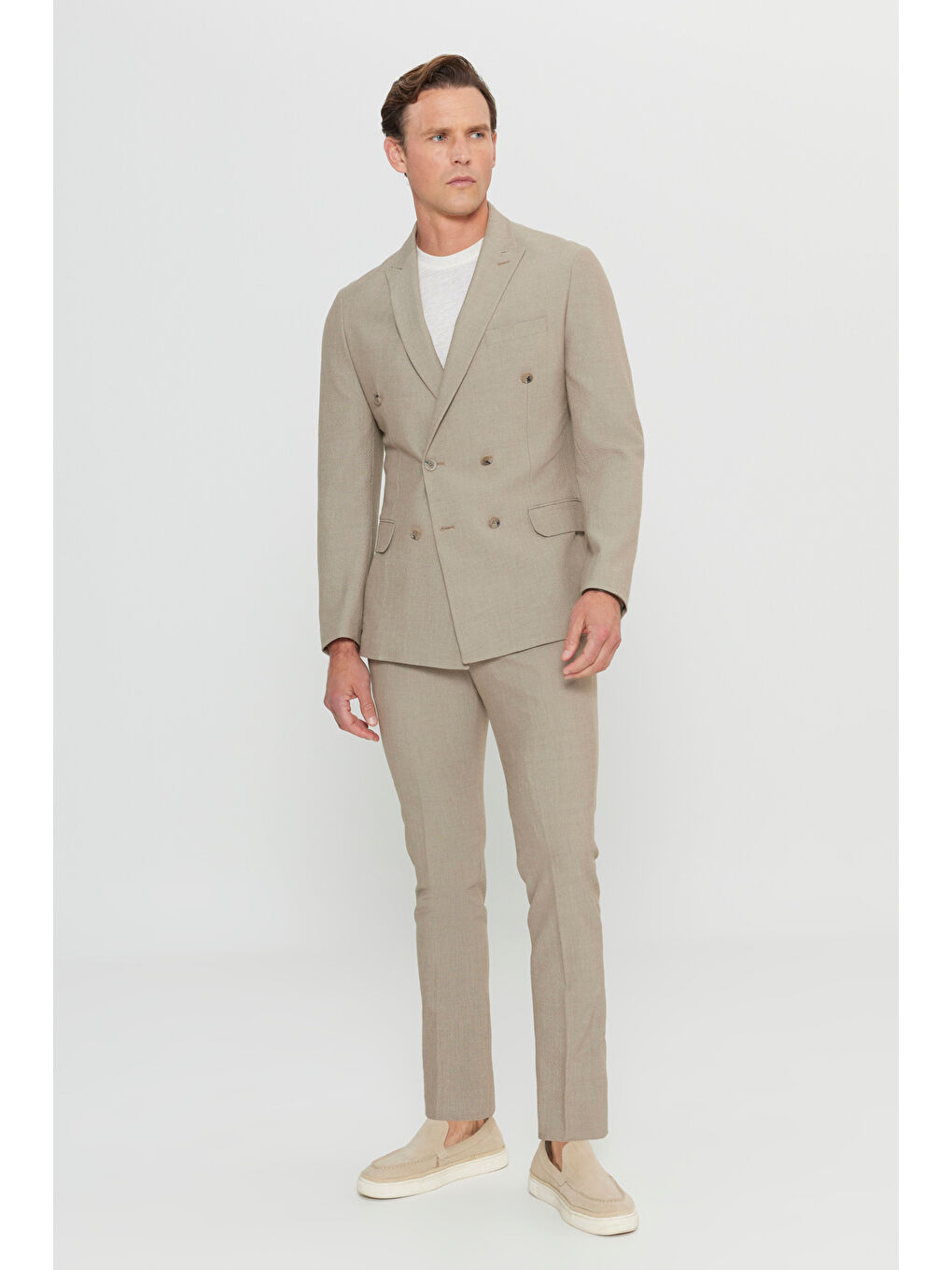 Erkek Bej Slim Fit Dar Kesim Kırlangıç Yaka Torba Cepli Esnek Kruvaze Takım Elbise-3