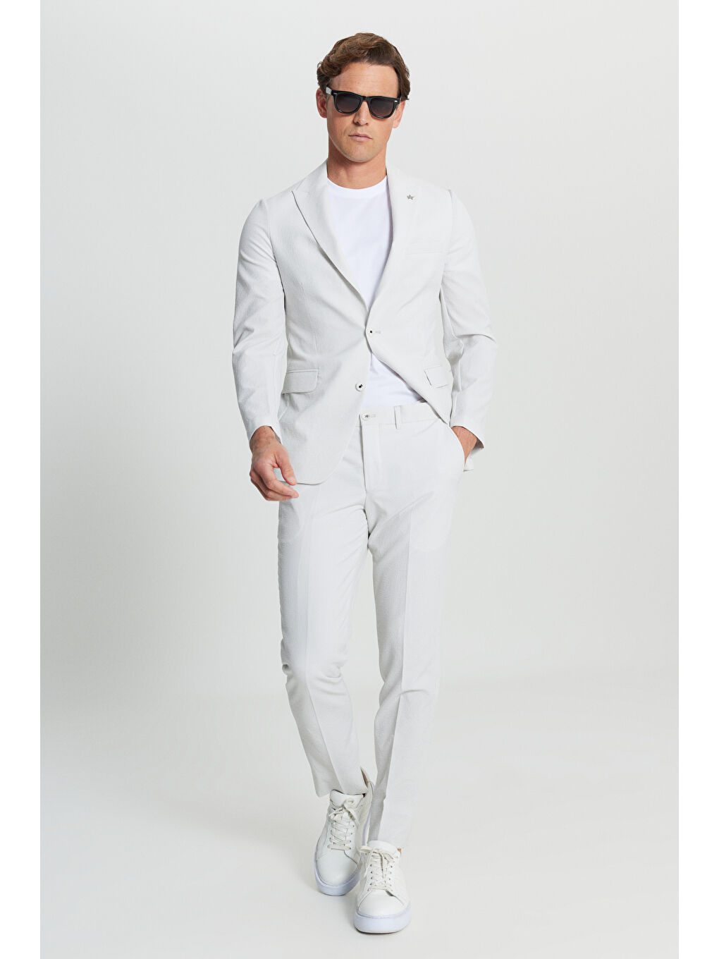 Erkek Ekru Slim Fit Dar Kesim Çizgili Gofre Desenli Kapak Cepli Esnek Takım Elbise-3