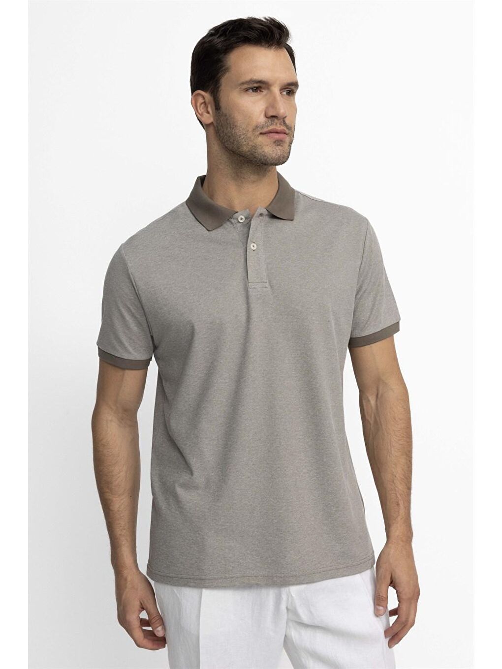 Erkek Polo Yaka Klasik Fit Düz Pamuklu Pike  Gri Tişört-1