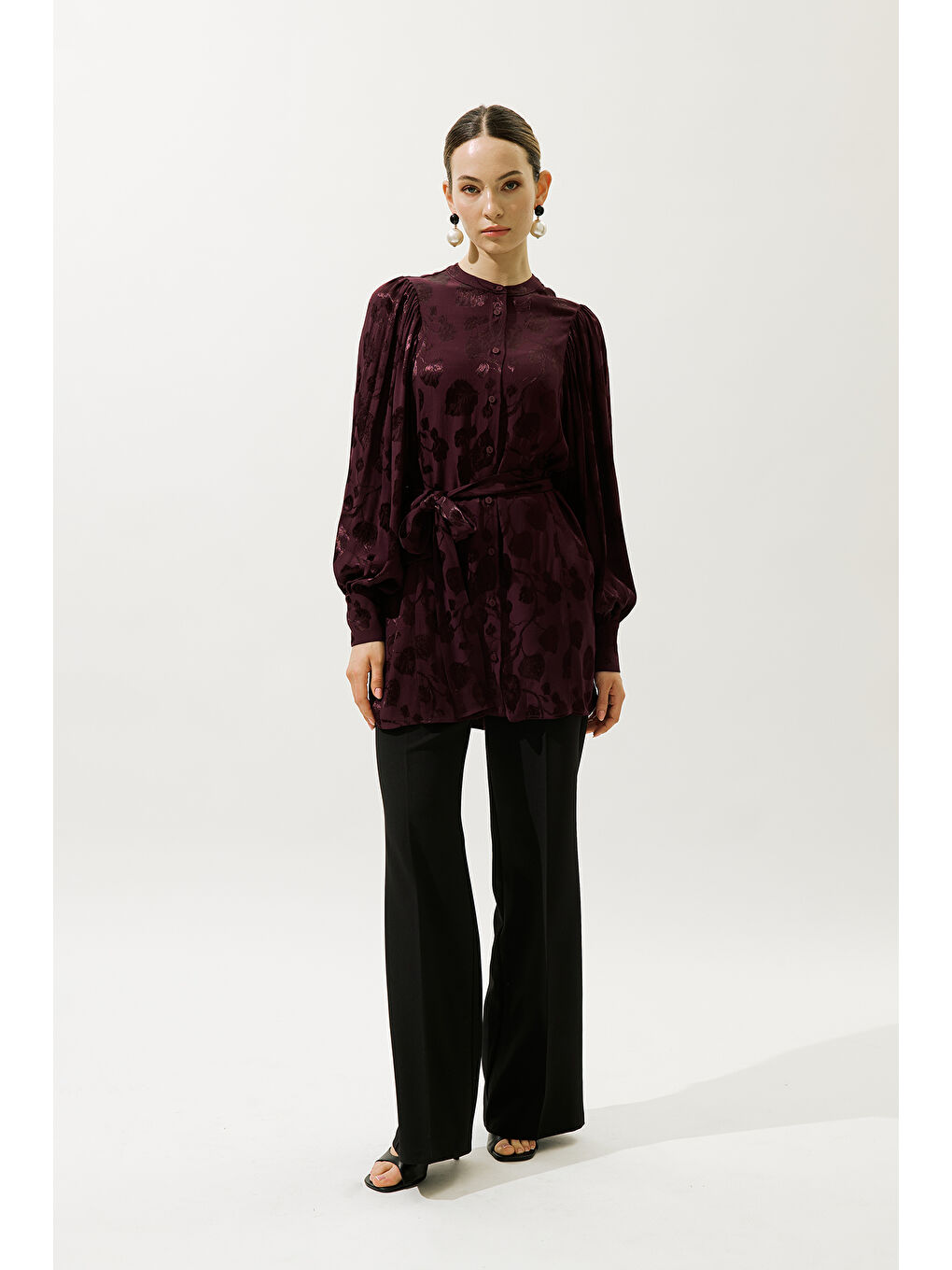 Jakarlı Saten Gömlek Bordo-4