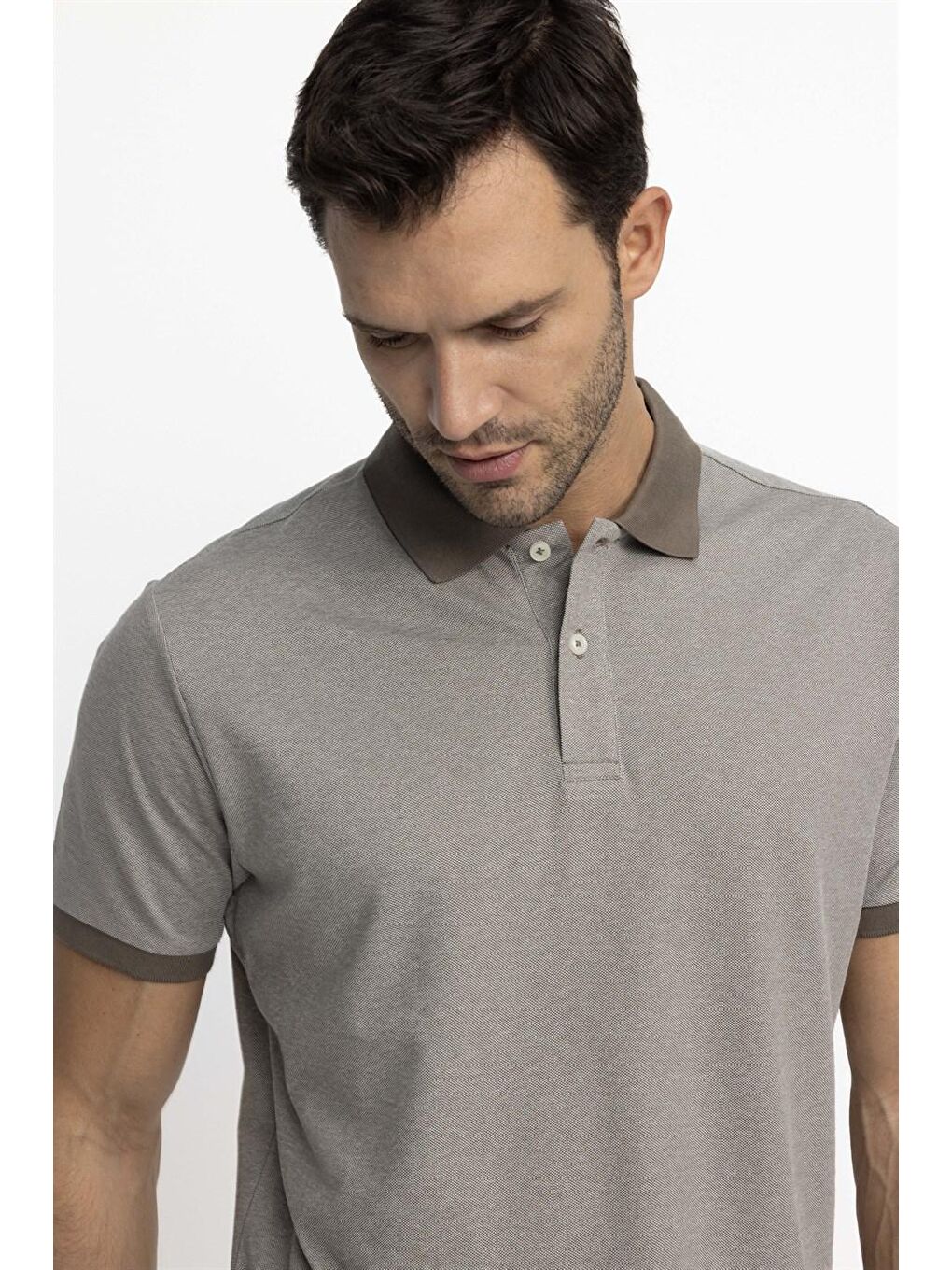 Erkek Polo Yaka Klasik Fit Düz Pamuklu Pike  Gri Tişört-2