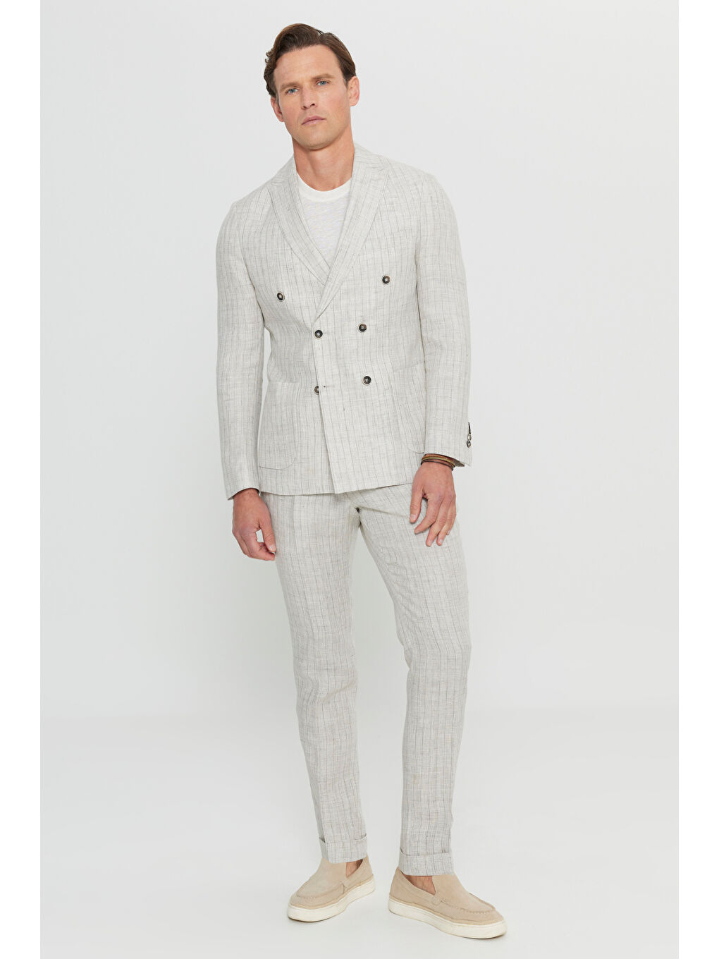 Erkek Bej %100 Keten Slim Fit Dar Kesim Kırlangıç Yaka Torba Cepli Kruvaze Takım Elbise-1