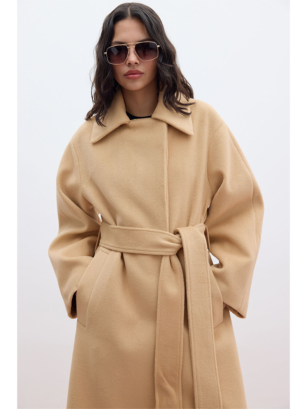 Kahverengi Düz Kapamalı Kaşe Kaban Camel-3