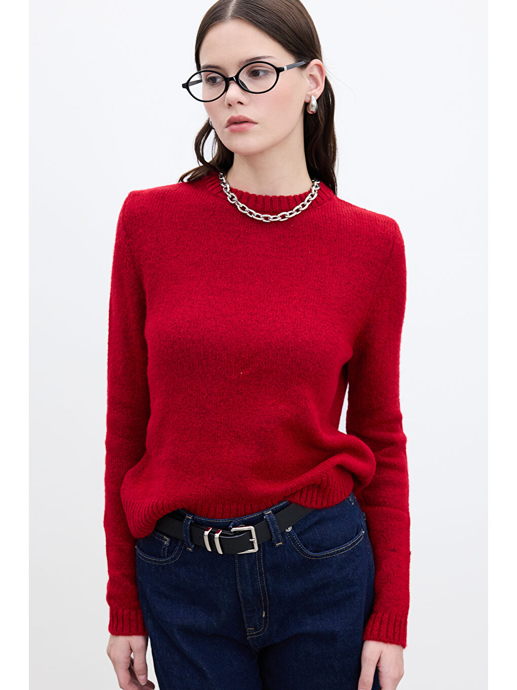 Bisiklet Yaka Fit Triko Kazak Kırmızı-4