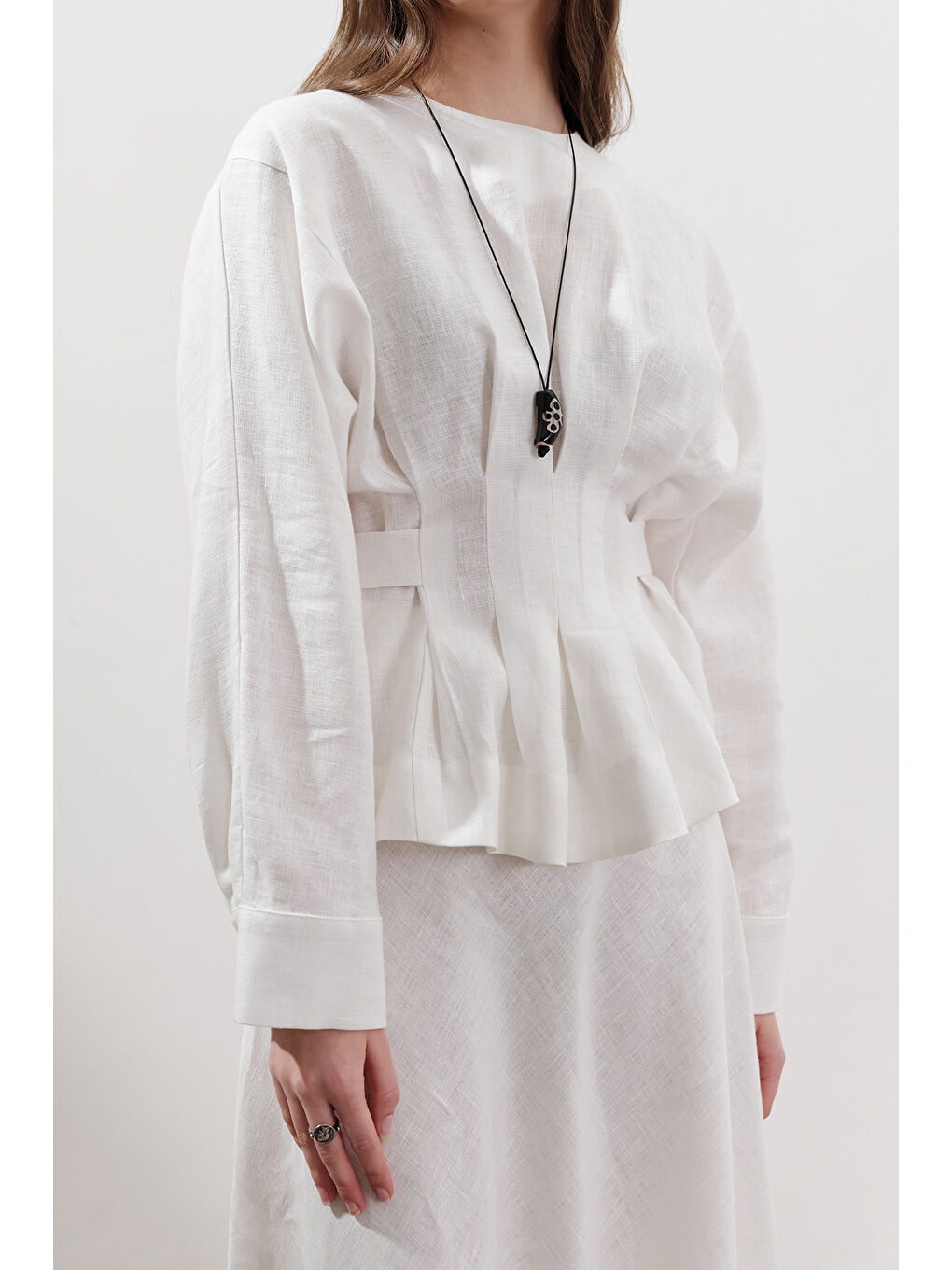Keten Kruvaze Bağlamalı Bluz Ekru-3