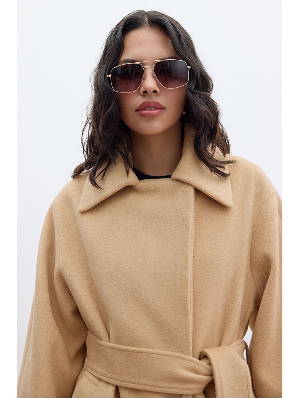 Kahverengi Düz Kapamalı Kaşe Kaban Camel-4