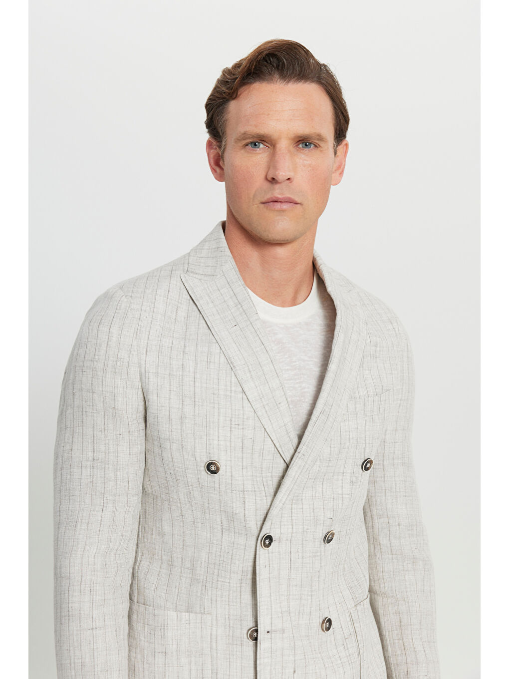 Erkek Bej %100 Keten Slim Fit Dar Kesim Kırlangıç Yaka Torba Cepli Kruvaze Takım Elbise-4