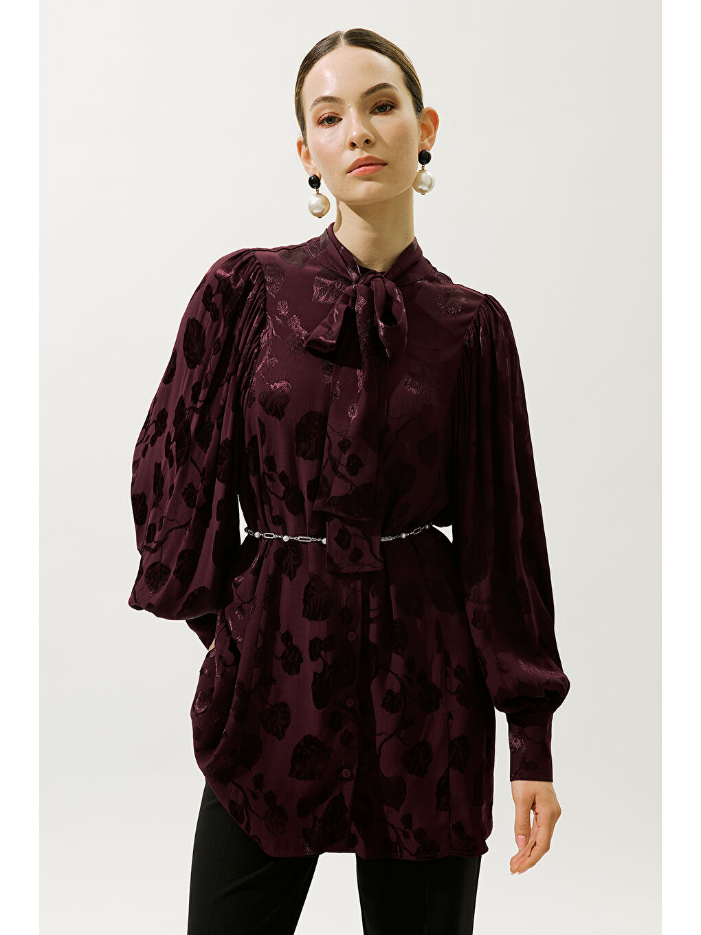 Jakarlı Saten Gömlek Bordo-6