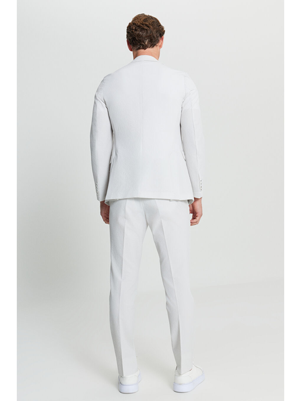 Erkek Ekru Slim Fit Dar Kesim Çizgili Gofre Desenli Kapak Cepli Esnek Takım Elbise-7