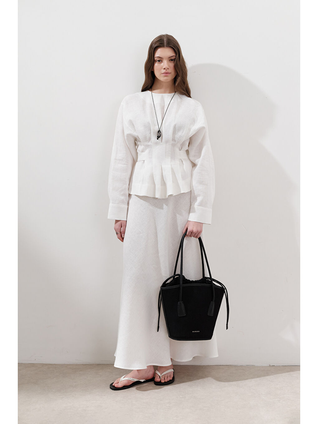 Keten Kruvaze Bağlamalı Bluz Ekru-4