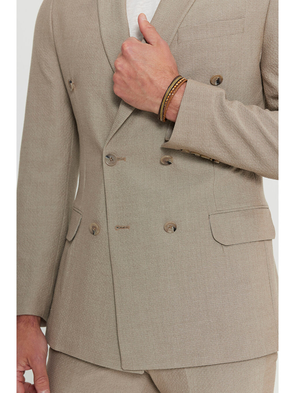 Erkek Bej Slim Fit Dar Kesim Kırlangıç Yaka Torba Cepli Esnek Kruvaze Takım Elbise-6