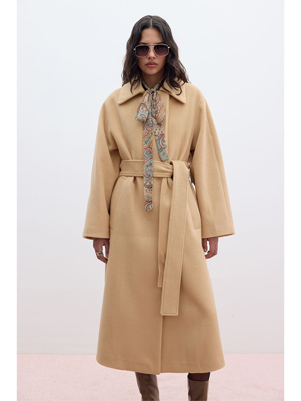 Kahverengi Düz Kapamalı Kaşe Kaban Camel-5