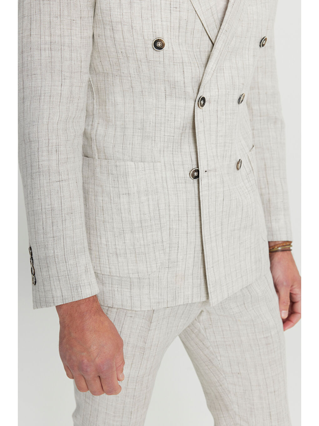 Erkek Bej %100 Keten Slim Fit Dar Kesim Kırlangıç Yaka Torba Cepli Kruvaze Takım Elbise-6