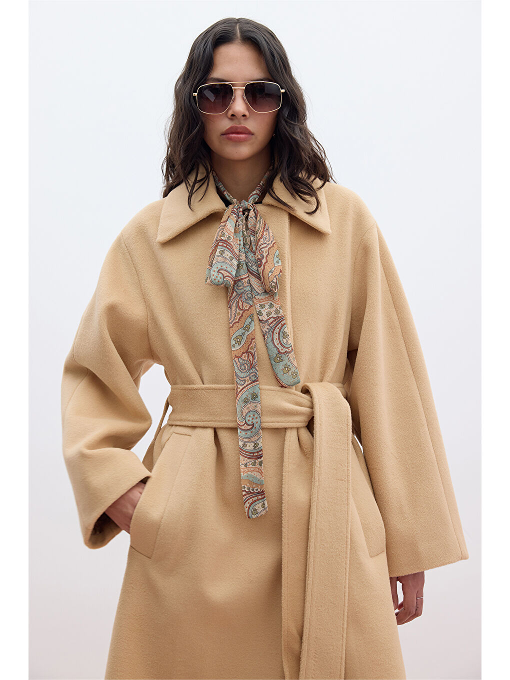 Kahverengi Düz Kapamalı Kaşe Kaban Camel-6