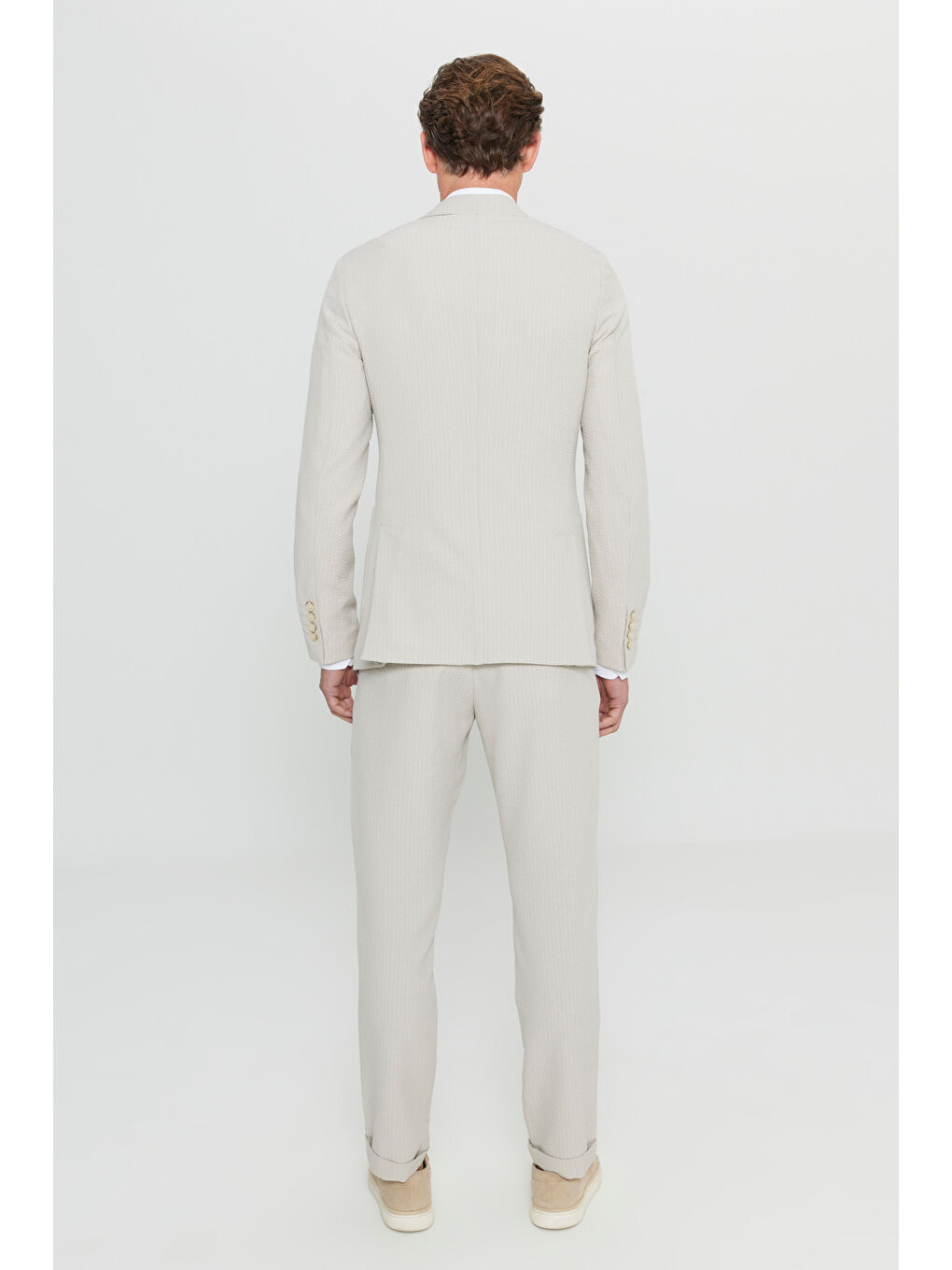 Erkek Bej Slim Fit Dar Kesim Mono Yaka Çizgili Gofre Desenli Torba Cepli Esnek Takım Elbise-7