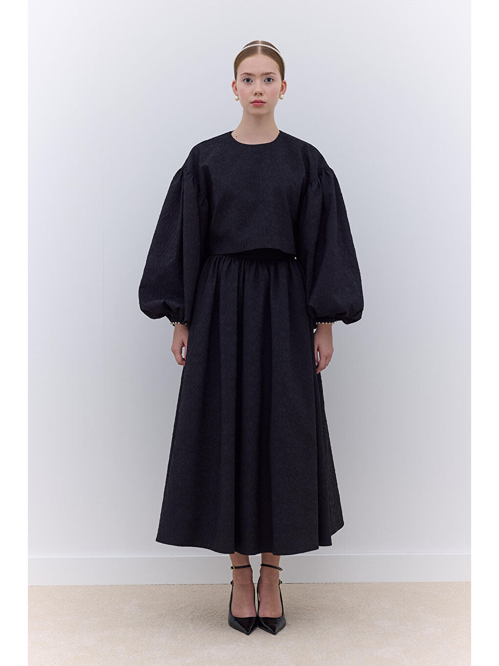 İnci Detaylı Jakarlı Etek Siyah-2