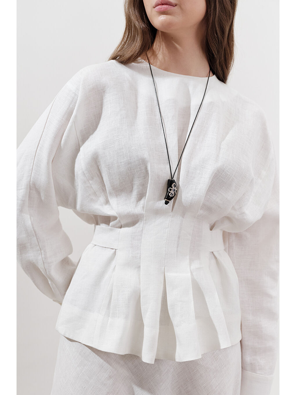 Keten Kruvaze Bağlamalı Bluz Ekru-5