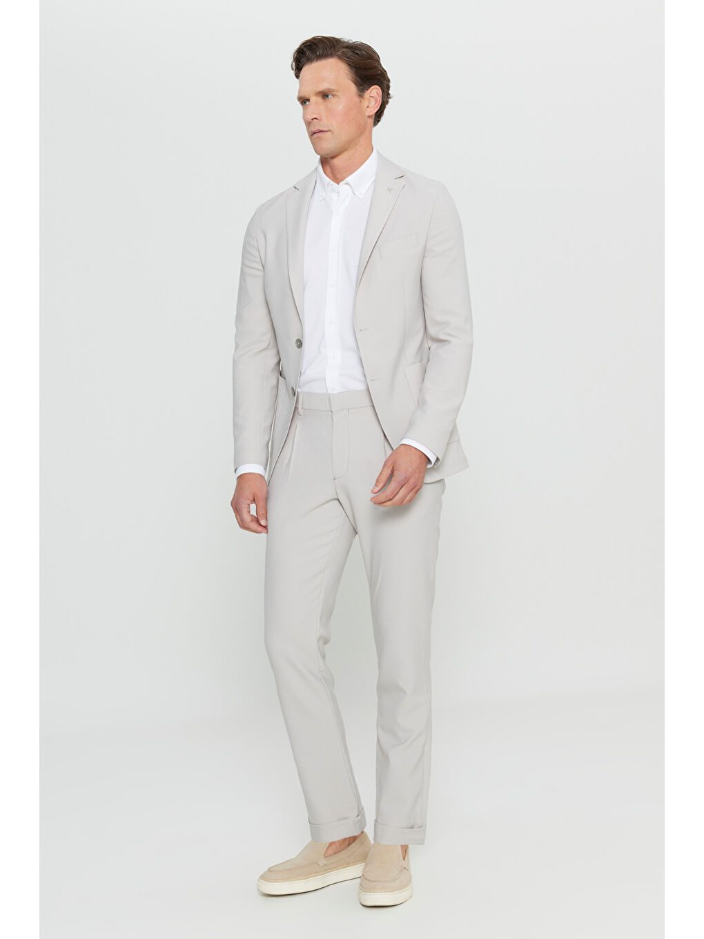 Erkek Bej Slim Fit Dar Kesim Mono Yaka Torba Cepli Gofre Desenli Esnek Takım Elbise-3