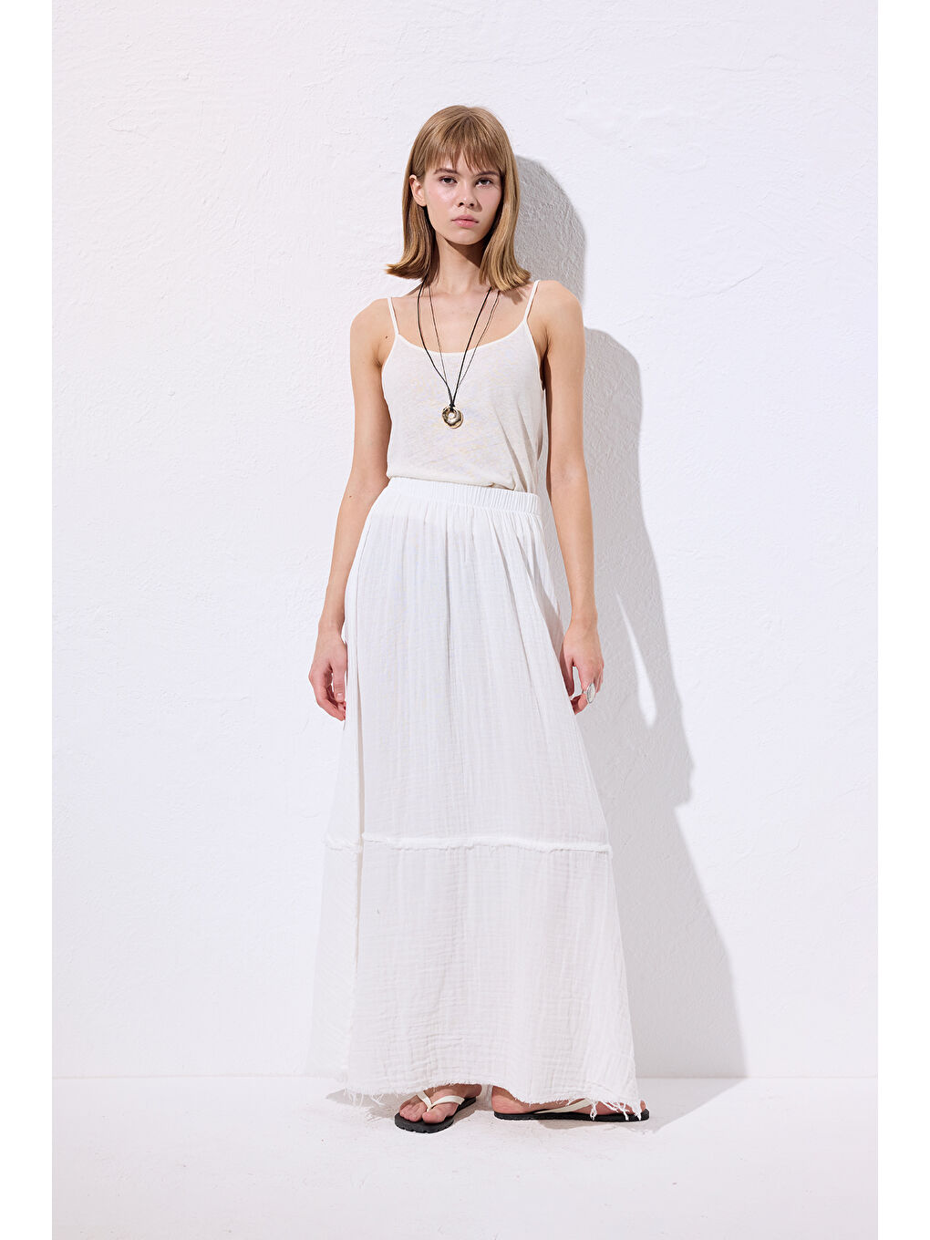 Müslin Katlı Geniş Etek Ekru-5