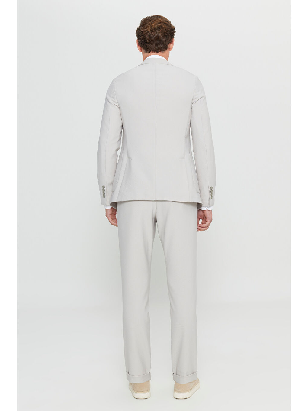 Erkek Bej Slim Fit Dar Kesim Mono Yaka Torba Cepli Gofre Desenli Esnek Takım Elbise-7